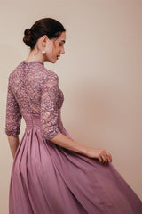 Elegant Violet 3/4 sleeves High waist Beaded Lace Chiffon Evening Dress-stylesnuggle