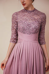 Elegant Violet 3/4 sleeves High waist Beaded Lace Chiffon Evening Dress-stylesnuggle