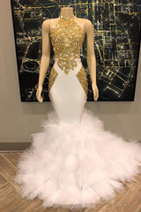 Elegant White And Gold Mermaid Prom Dress Sequins High Collar Chiffon Long-stylesnuggle