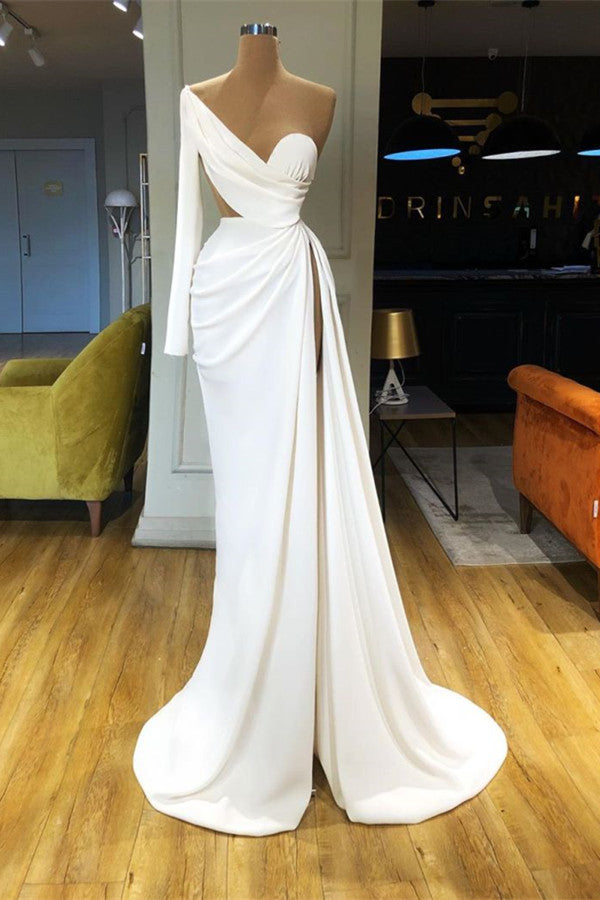 Elegant White Long Sleeve One Shoulder Prom Dress With Split-stylesnuggle