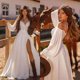 Elegant White Long Sleeves Prom Dress Slit Long With Lace Appliques-stylesnuggle