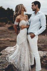 Elegnat Ivory Strapless Mermaid Lace Beach Wedding Dress Online with Lace Bracelet-stylesnuggle