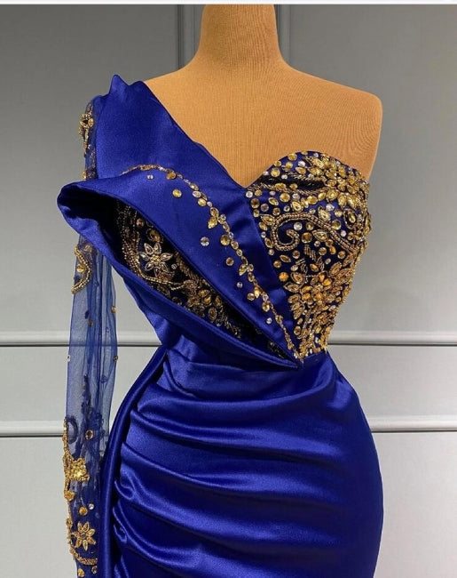 Elgeant Royal Blue One Shoulder Mermaid Prom Dresses with Sleeves-stylesnuggle