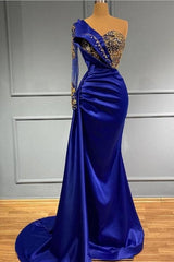 Elgeant Royal Blue One Shoulder Mermaid Prom Dresses with Sleeves-stylesnuggle