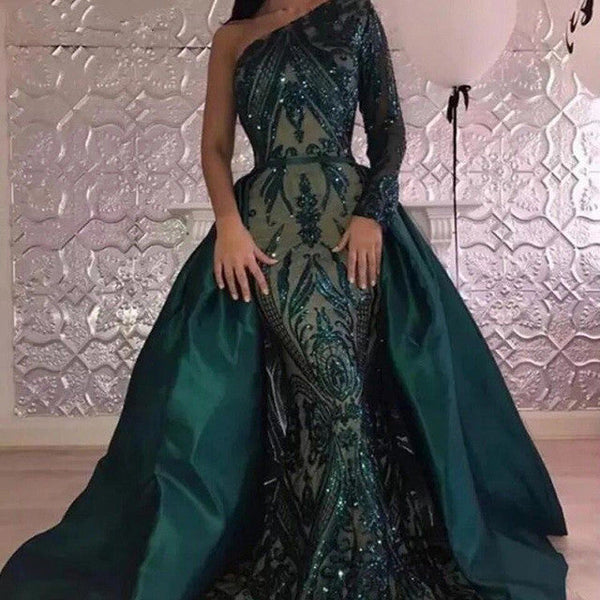 Wanna Prom Dresses and Evening Dresses in long sleeves Mermaid style,  and delicate Sequins work? stylesnuggle has all covered on this elegant Emerald green One Shoulder Sequins Evening Dresses with Overskirt with top quality yet cheap price.