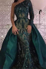 Wanna Prom Dresses and Evening Dresses in long sleeves Mermaid style,  and delicate Sequins work? stylesnuggle has all covered on this elegant Emerald green One Shoulder Sequins Evening Dresses with Overskirt with top quality yet cheap price.