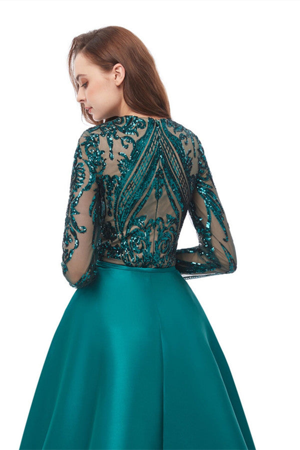 Emerald Green Long Sleevess Mermaid Prom Party Gowns with detachable Train-stylesnuggle