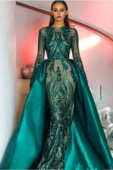 stylesnuggle offers Emerald Green Long Sleevess Mermaid Prom Party Gowns with detachable Train at a cheap price from Satin to Mermaid Floor-length hem. Gorgeous yet affordable Long Sleevess Prom Dresses.