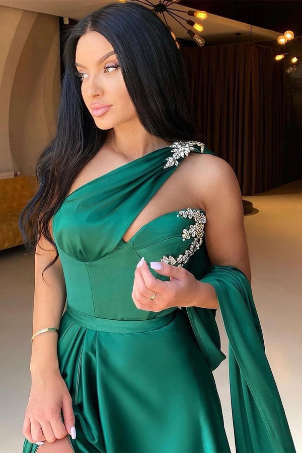 Emerald Green One Shoulder Evening Dress Long With Split Beads-stylesnuggle