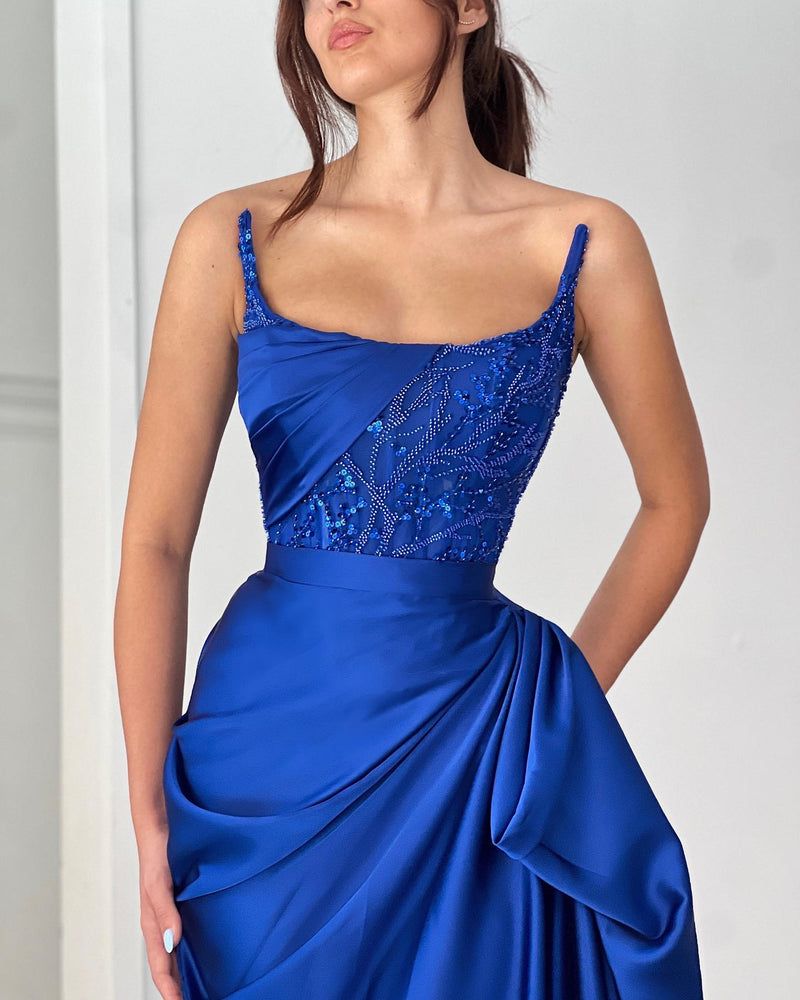 Classic A-line Ruffles Sleeveless Square Satin Oceanblue Prom Dress