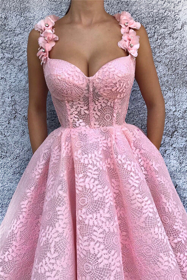 Discover your exquisite lace flower straps long prom dresses at stylesnuggle,  making you look glam in the prom party,  Exquisite Lace Sweetheart Pink Prom Party Gowns| Chic Flower Straps Sleeveless Long Prom Party Gowns available in full size range.