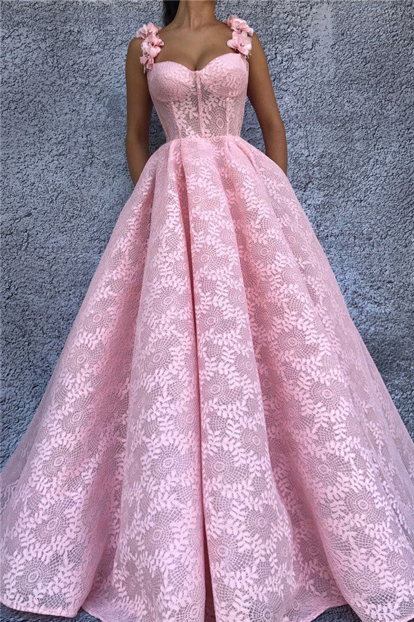 Discover your exquisite lace flower straps long prom dresses at stylesnuggle,  making you look glam in the prom party,  Exquisite Lace Sweetheart Pink Prom Party Gowns| Chic Flower Straps Sleeveless Long Prom Party Gowns available in full size range.