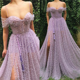 Easily attract others's attention with stylesnuggle exquisite pearls Off-the-Shoulder long prom dresses collection. Try on Exquisite Sweetheart Front Slit Long Affordable Tulle Pearls Off-the-Shoulder Prom Dress all in latest design with delicate details.