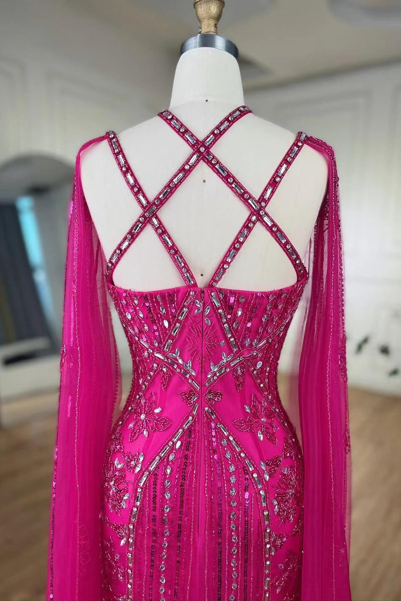 Fabulous Hot Pink Beadings Evening Dress Mermaid Long With Ruffle-stylesnuggle