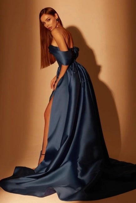 Fabulous Long Navy Blue A-line Off-the-shoulder Prom Dresses With Split Online-stylesnuggle