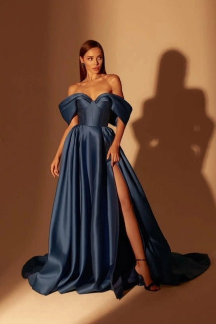 Fabulous Long Navy Blue A-line Off-the-shoulder Prom Dresses With Split Online-stylesnuggle