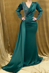 Fabulous Long Satin V-neck Mermaid Evening Prom Dresses With Beading-stylesnuggle