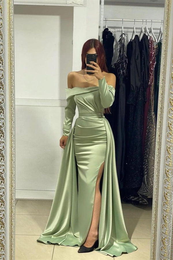 Fabulous Long Strapless Front Split Satin Mermaid Evening Prom Dresses With Long Sleeves-stylesnuggle