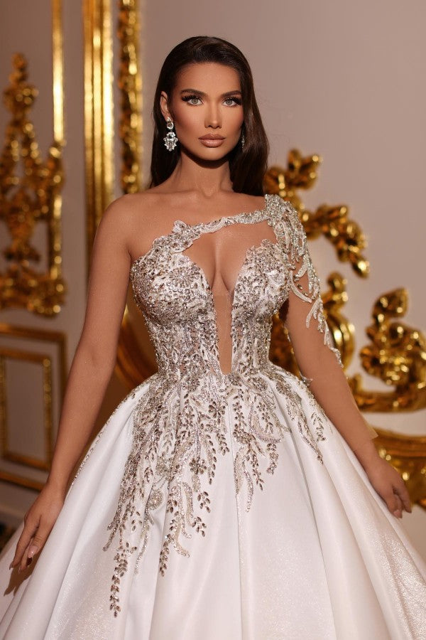 Fabulous Princess Long Long V-Neck One Shoulder Wedding Dresses Online-stylesnuggle