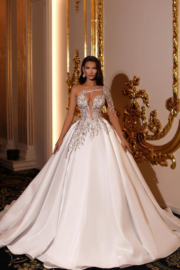 Fabulous Princess Long Long V-Neck One Shoulder Wedding Dresses Online-stylesnuggle