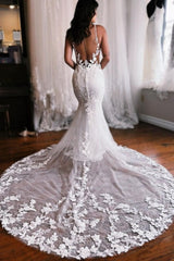 Fabulous Spaghetti-Straps Sleeveless Mermaid Lace Wedding Dresses Online-stylesnuggle