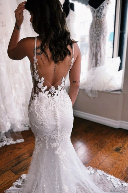 Fabulous Spaghetti-Straps Sleeveless Mermaid Lace Wedding Dresses Online-stylesnuggle