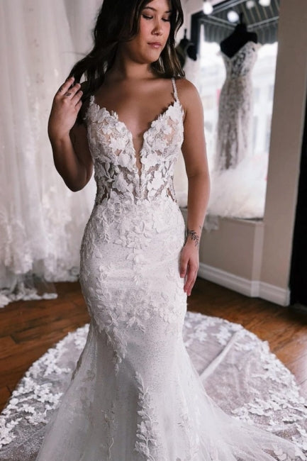 Fabulous Spaghetti-Straps Sleeveless Mermaid Lace Wedding Dresses Online-stylesnuggle