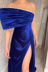 Fabulous Strapless Royal Blue Split From A-line Satin Evening Prom Dresses-stylesnuggle