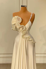 Fabulous White Satin Evening Prom Dresses with Ruffles-stylesnuggle