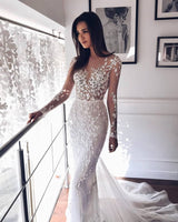 stylesnuggle offers Fall Long Sleevess Lace Mermaid Illusion neck White Wedding Dress at factory price from White,Ivory,Champagne,Black, Tulle,Lace to Column Floor-length hem.