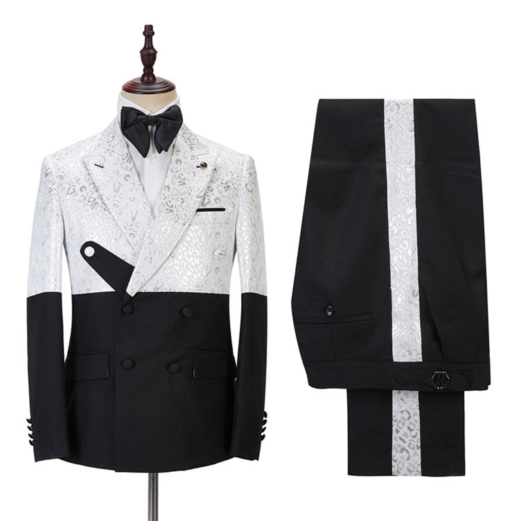 Buy Fashion Black and White Jacquard Peaked Lapel Men Suits Online for men from stylesnuggle. Huge collection of Peaked Lapel Double Breasted Men Suit sets at low offer price &amp; discounts, free shipping &amp; made. Order Now.