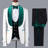 stylesnuggle is your ultimate source for Fashion Jacquard Three Pieces White Wedding Suit with Green Lapel. Our White Shawl Lapel wedding groom Men Suits come in Bespoke styles &amp; colors with high quality and free shipping.