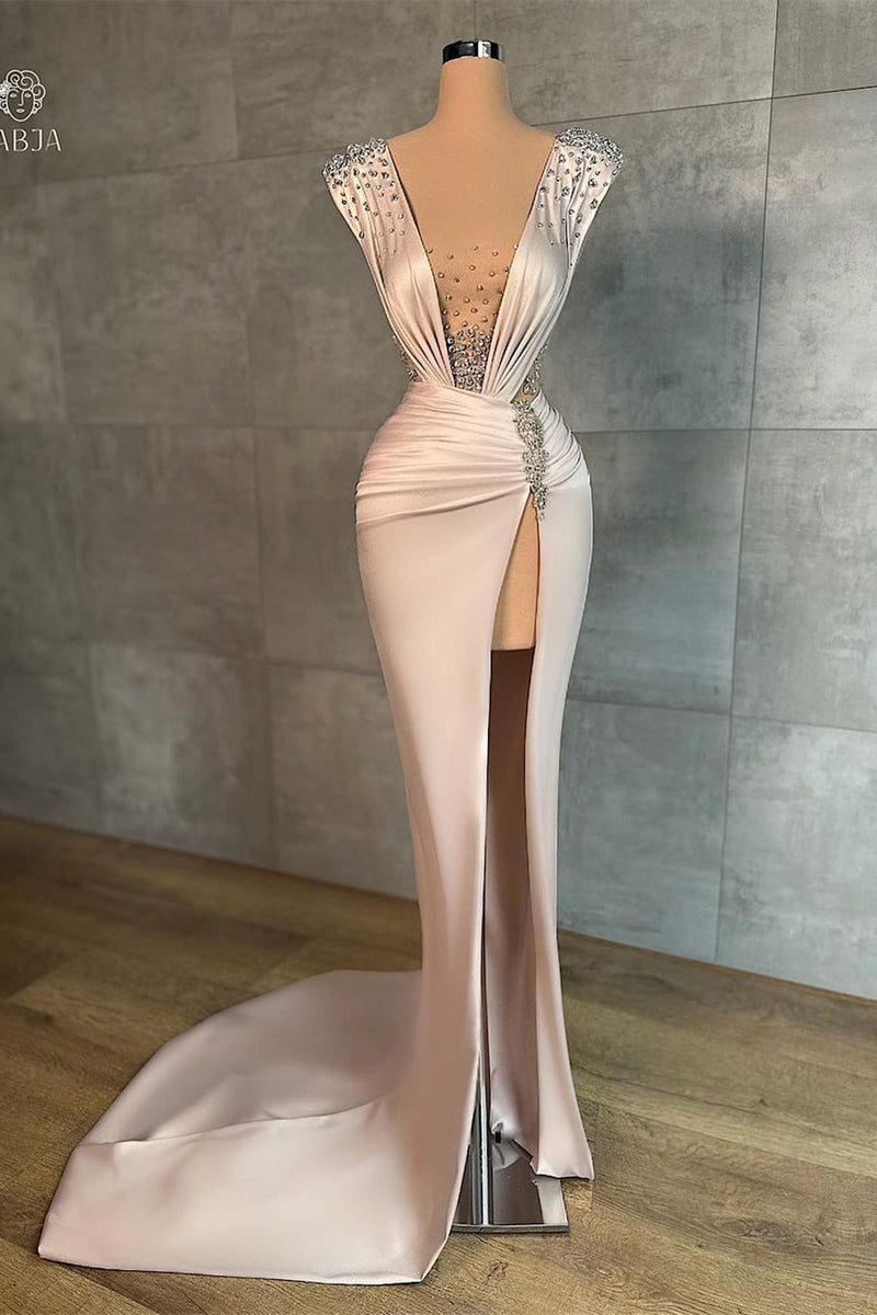 Fashion Long V-neck Split Front Mermaid Evening Prom Dresses With Rhinestones-stylesnuggle