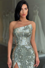 Fashion Silver Sequin Asymmetric neckline High split Prom Dress-stylesnuggle