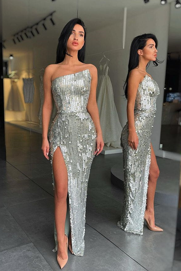 Fashion Silver Sequin Asymmetric neckline High split Prom Dress-stylesnuggle