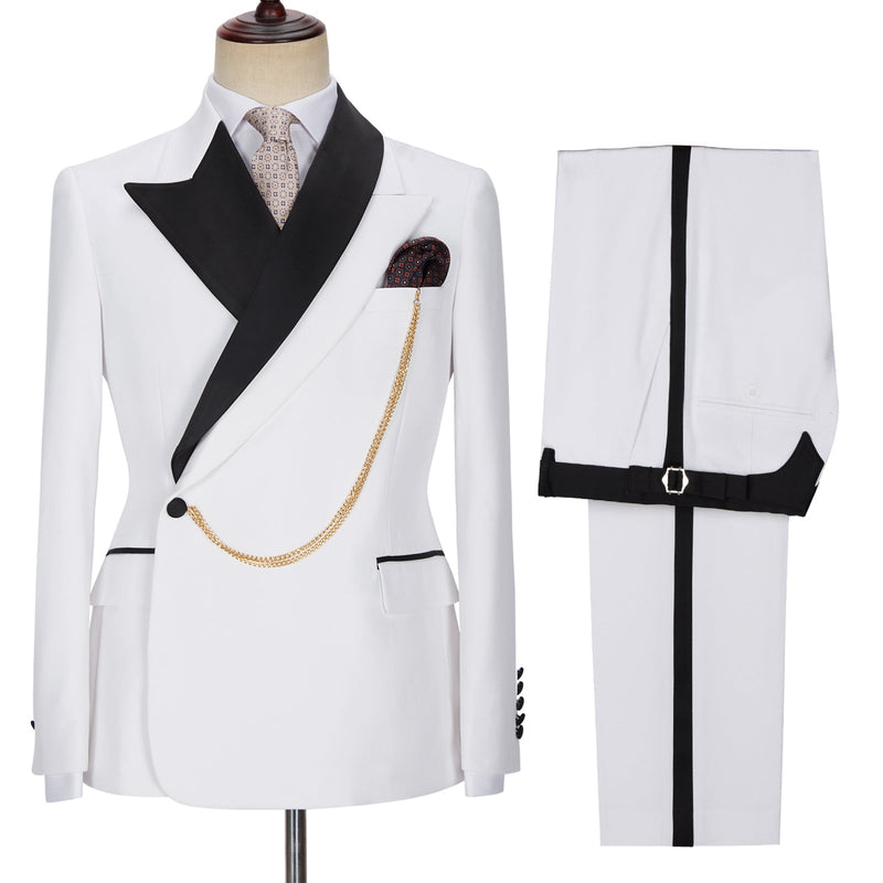 stylesnuggle custom made this Fashion White Peaked Lapel Bespoke Wedding Suits for Men with rush order service. Discover the design of this White Solid Shawl Lapel Single Breasted mens suits cheap for prom, wedding or formal business occasion.