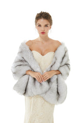 Faux Fur Wedding Shawl Light Gray Fluffy Bridal Wrap Shrug-stylesnuggle