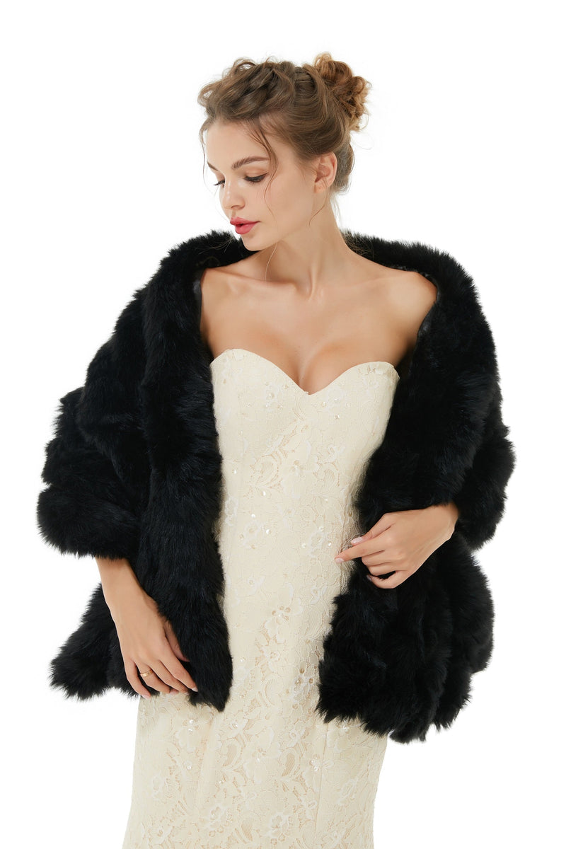 Faux Fur Wrap Black Women Faux Fur Shawl Wedding Wraps-stylesnuggle