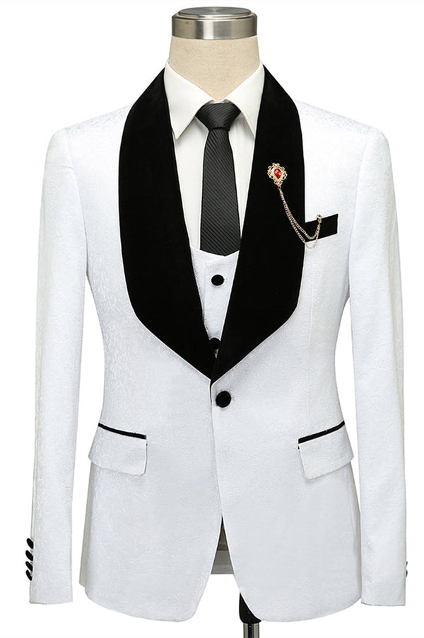 Buy Fernando White Jacquard One Button Wedding Men Suits with Black Lapel for men from stylesnuggle. Huge collection of Shawl Lapel Single Breasted Men Suit sets at low offer price &amp; discounts, free shipping &amp; made. Order Now.