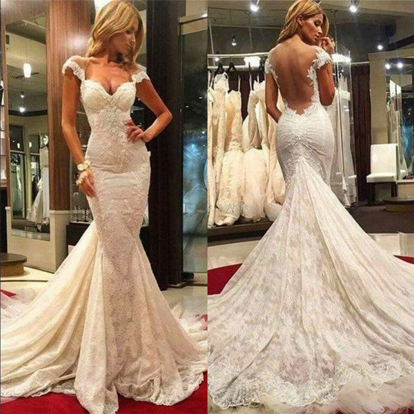 No idea what to wear for your big day? stylesnuggle custom made you this Fit and Flare Lace Wedding Dresses with Chapel Train at factory price.