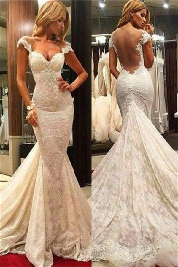 No idea what to wear for your big day? stylesnuggle custom made you this Fit and Flare Lace Wedding Dresses with Chapel Train at factory price.