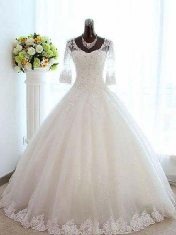 Check this Ball Gown Beading V-neck 3/4 Sleeves Bateau Wedding Dresses at stylesnuggle.com, this dress will make your guests say wow. The V-neck,Bateau bodice is thoughtfully lined, and the Floor-length skirt with Beading to provide the airy.