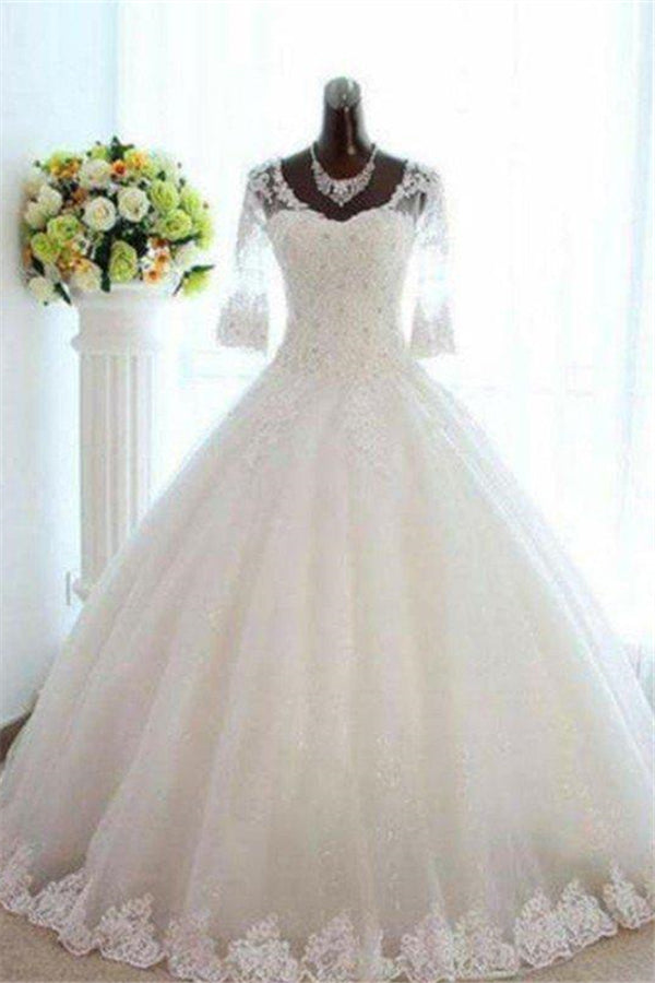 Floor Length Tulle Ball Gown Beading V neck 3/4 Sleeves Bateau Wedding Dresses-stylesnuggle