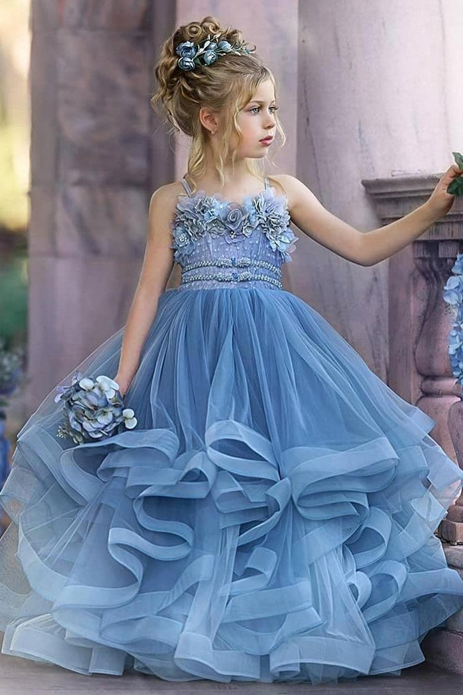 Floral Strapless Dusty Blue Ruffles Puffy Princess Flower Girl Dresses-stylesnuggle