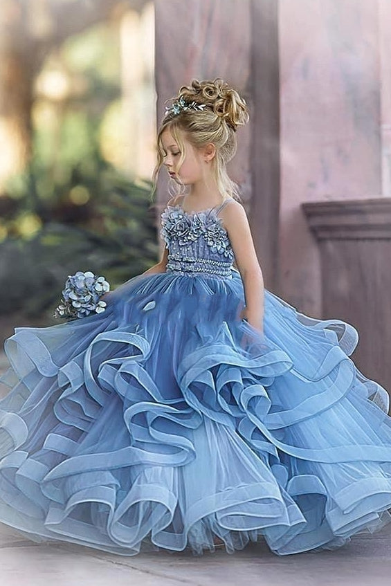 Floral Strapless Dusty Blue Ruffles Puffy Princess Flower Girl Dresses-stylesnuggle