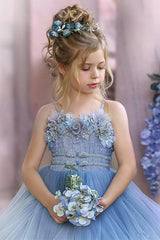 Floral Strapless Dusty Blue Ruffles Puffy Princess Flower Girl Dresses-stylesnuggle