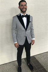 The Bespoke Peaked Lapel Single Breasted Men Suit is an essential part of any wardrobe. Whether you need a sharp business suit, a Custom design black tie evening look or a wedding or prom suit, you will find the perfect fit in stylesnuggle collection.made this Formal Grey Slim Fit Business Mens Suits with Black Peaked Lapel with rush order service.