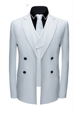 stylesnuggle made this Formal White Business Men Suits with Three Pieces, Peak Lapel Suit Online with rush order service. Discover the design of this White Solid Notched Lapel Single Breasted mens suits cheap for prom, wedding or formal business occasion.