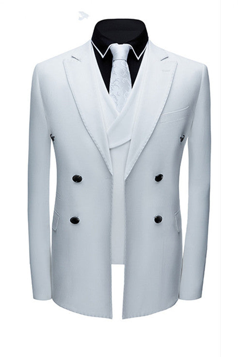 stylesnuggle made this Formal White Business Men Suits with Three Pieces, Peak Lapel Suit Online with rush order service. Discover the design of this White Solid Notched Lapel Single Breasted mens suits cheap for prom, wedding or formal business occasion.