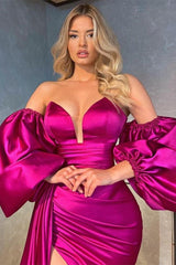 Fuchsia Detachable Sleeves Mermaid Prom Dress Slit With Ruffles-stylesnuggle